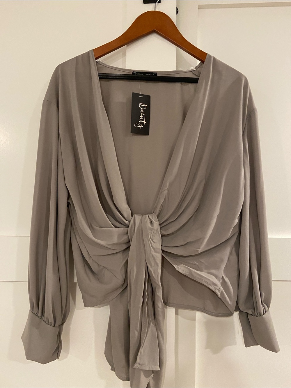 Taupe Tie-Front Blouse - Women Tops